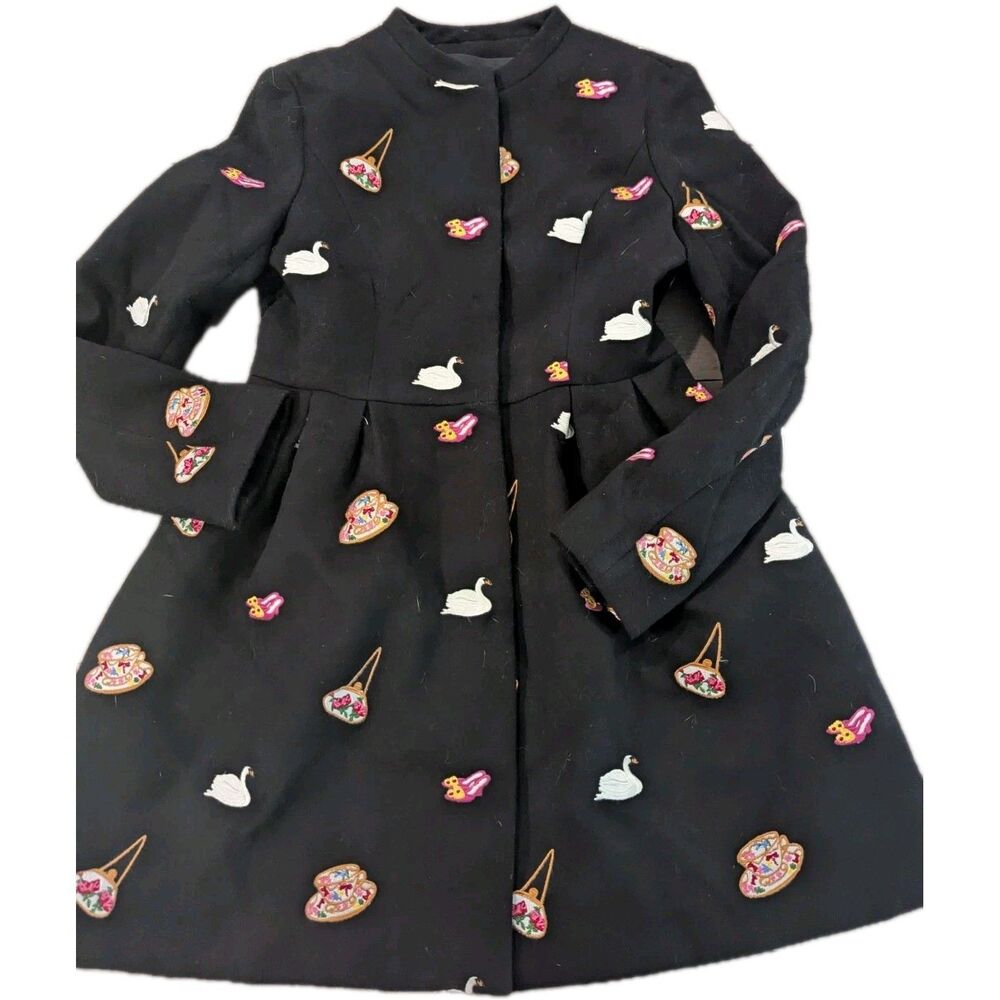Orchirly Black Embroidered Swan Peacoat Sz Small